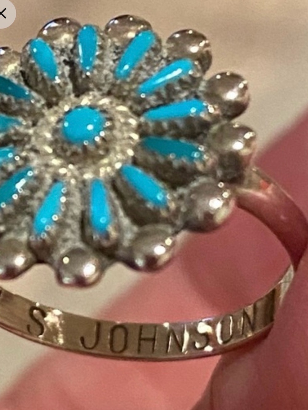 Vintage Native American Squash blossom ring, genuine turquoise, sterling silver - Picture 5 of 5